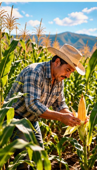 Agricultor trabajando en un campo de maíz