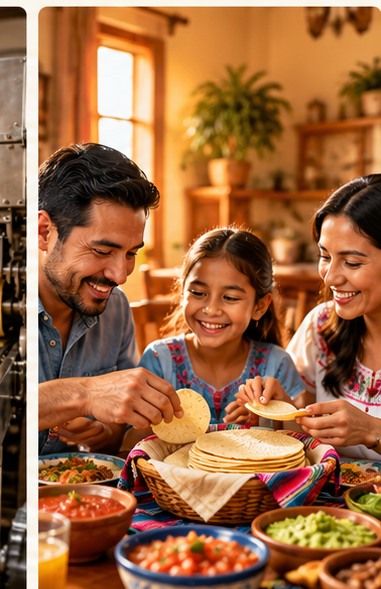 Familia disfrutando tortillas preparadas en la tortillería