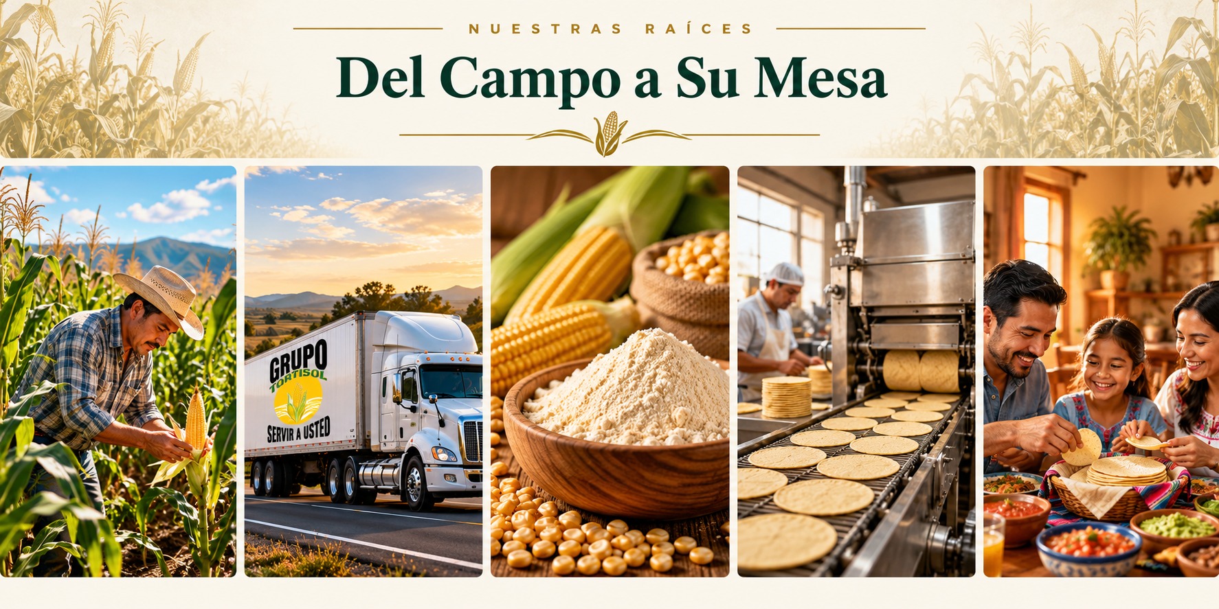 Del Campo a Su Mesa: agricultor trabajando el maíz, camión de Grupo Tortisol, harina, elaboración de tortillas y familia disfrutando tortillas en la mesa.
